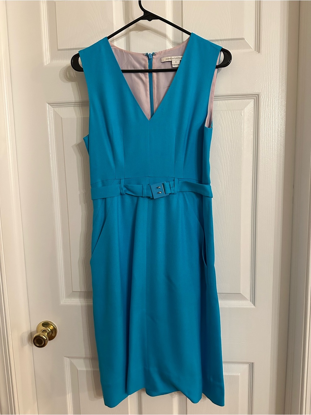 Diane Von Furstenberg V-Neck Belted Sheath Dress in Teal